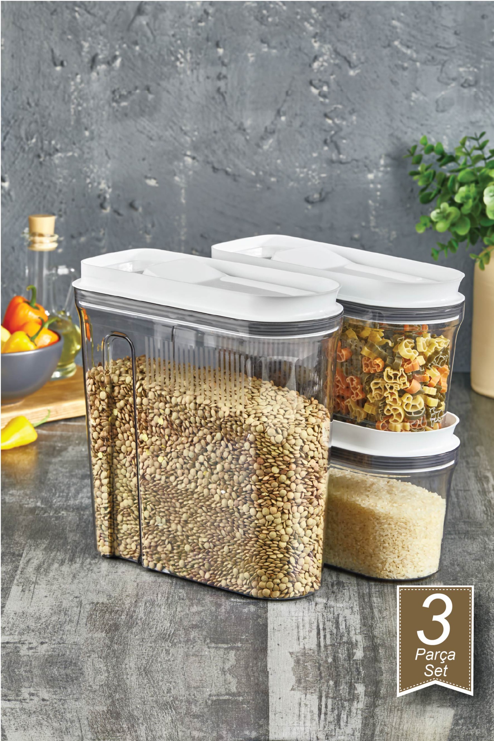 Lüks Erzak Saklama Kabı 3'lü Set Şeffaf Füme (4 Lt+2 Lt+2 Lt)