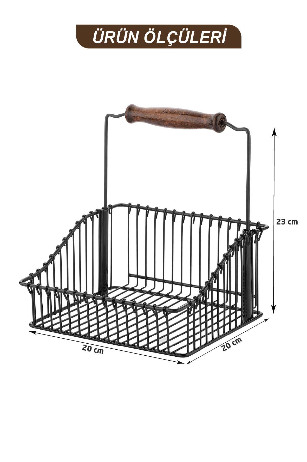Siyah Metal Çok Amaçlı Düzenleyici Sepet Ahşap Saplı 20x20 cm