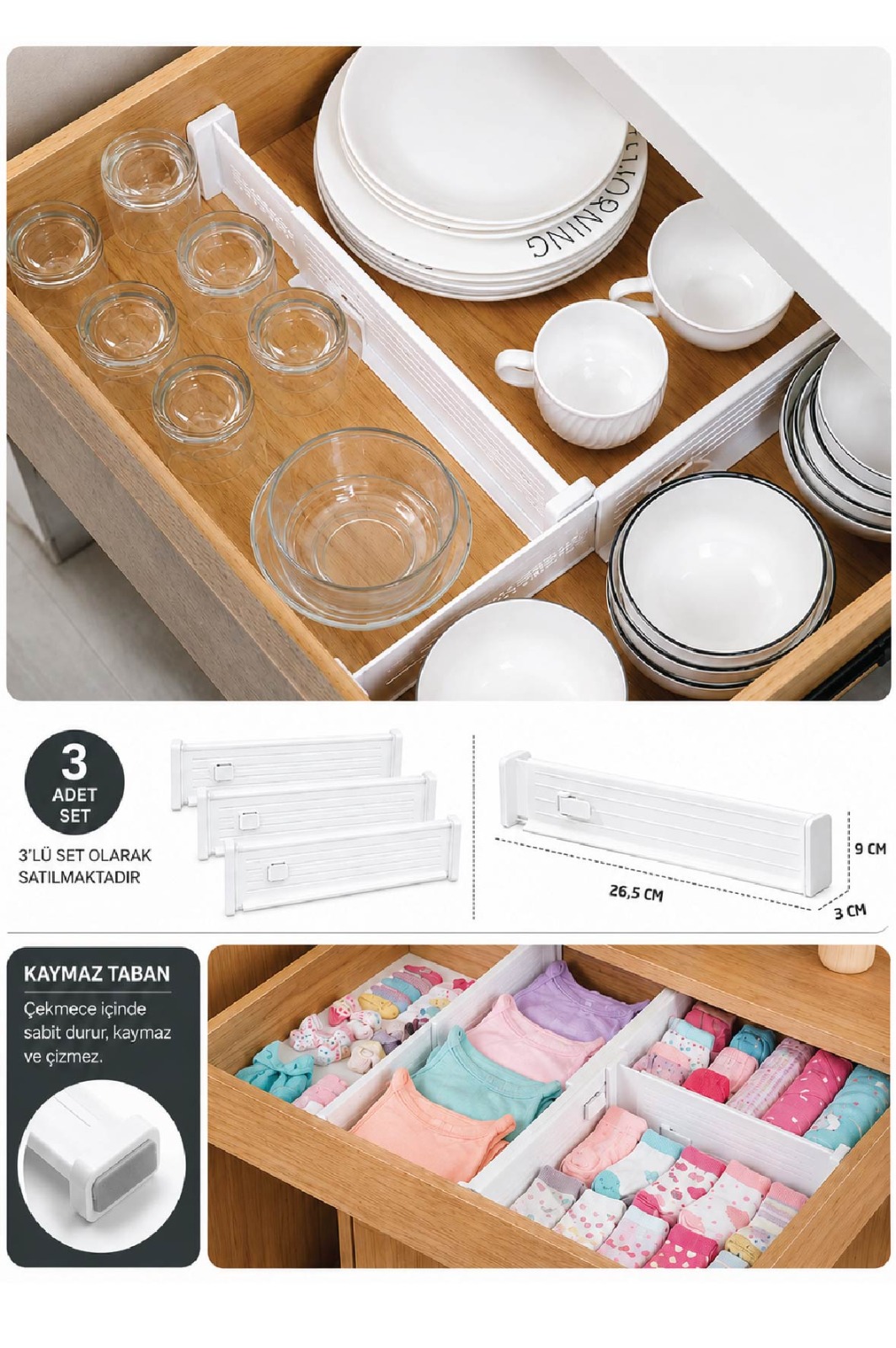 Çok Amaçlı Çekmece Düzenleyici, ve Ayırıcı Organizer 3'lü Paket