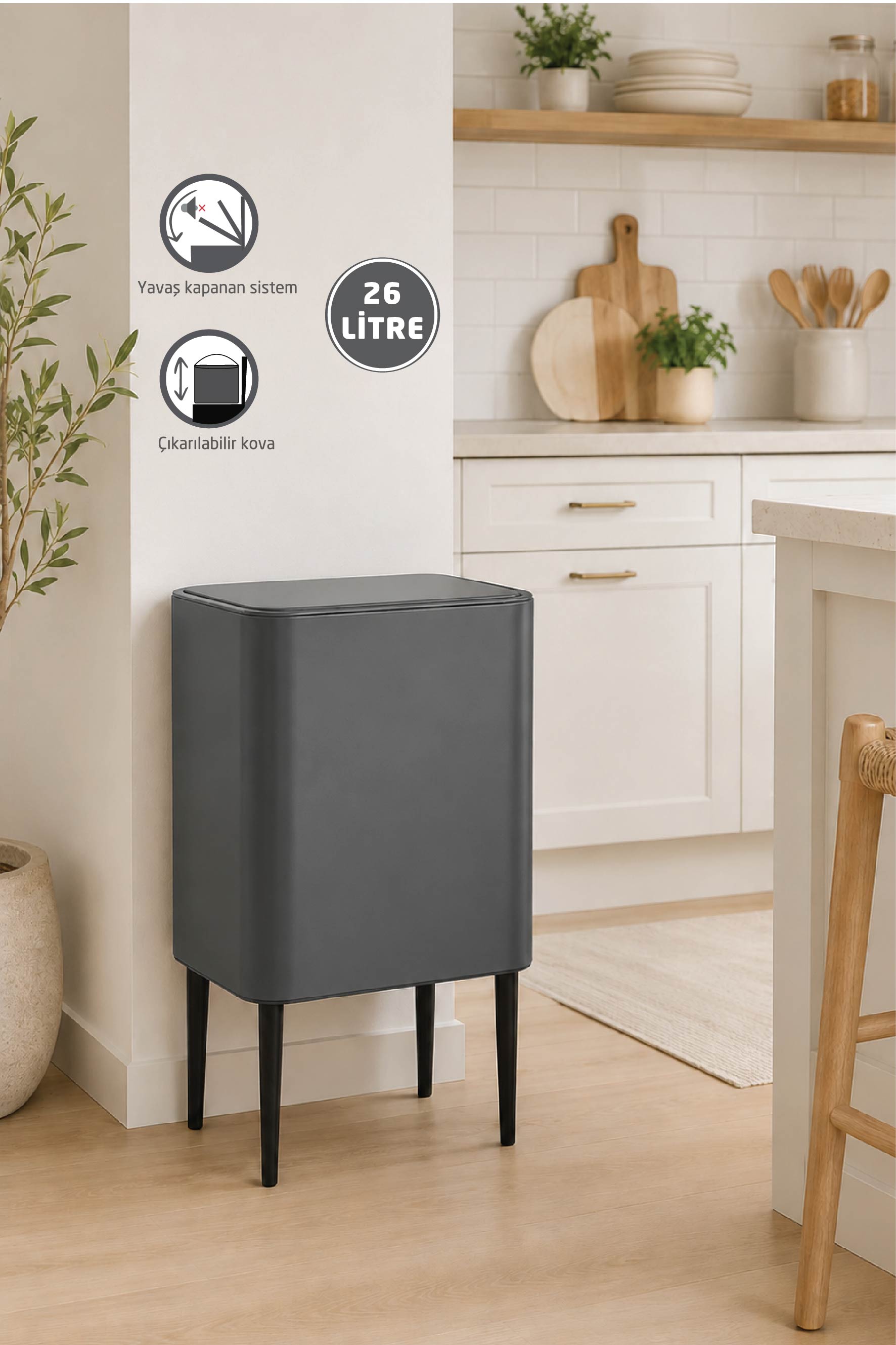 NOVA Dokunmatik Çöp Kovası 26 Litre Mat Gri | Çift Bölmeli Metal Mutfak Çöp Kovası